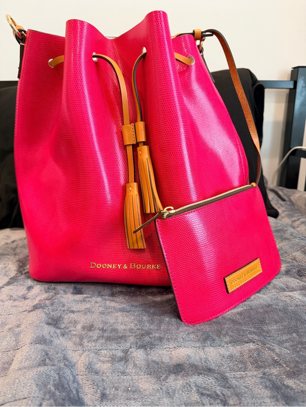 Dooney & Bourke Hot Pink Leather Drawstring Bucket Bag with Tan Trim and Pouch